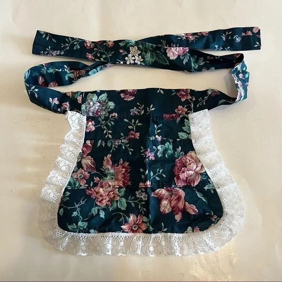 Vintage Floral HALF APRON W/ Pockets Tie Back Lace Pretend Play Artist Kitchen - Picture 1 of 7